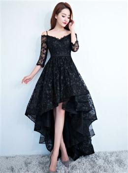 Picture of Black Color Lace V-neckline Straps High Low Party Dresses Homecoming Dresses, Black Color Formal Dresses